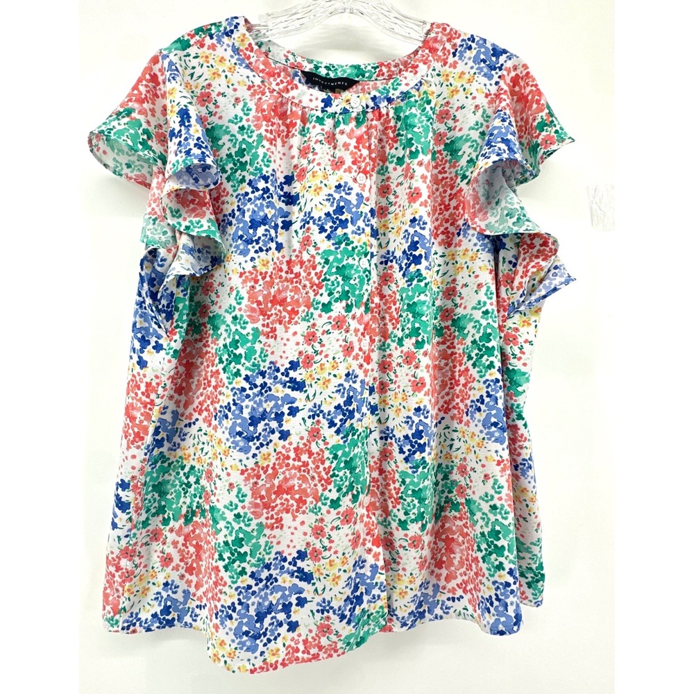 Investments Womens L Floral Ruffle Sleeve Button Front Blouse Multi Color Top